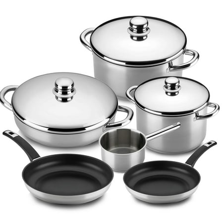 MAGEFESA Family 9-Piece Stainless Steel Cookware Set – Includes Stockpot, Stew Pot, Saucepan, Deep Sauté Pan & 2 Skillets – Induction Compatible, Dishwasher Safe & Easy to Clean