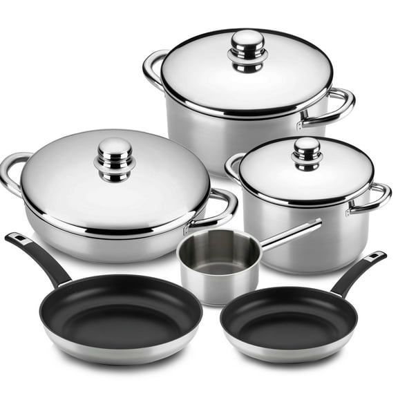 MAGEFESA Family 9-Piece Stainless Steel Cookware Set Includes Stockpot, Stew Pot, Saucepan, Deep Saut Pan & 2 Skillets Induction Compatible, Dishwasher Safe & Easy to Clean