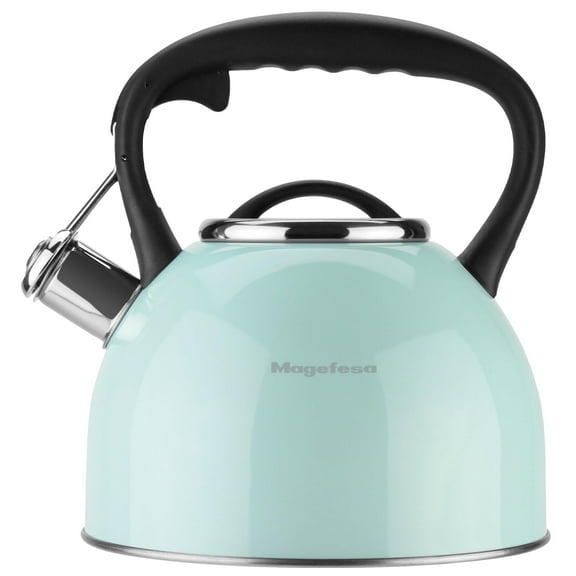 MAGEFESA Esmeralda Stainless Steel Whistling Tea Kettle, 2.9 Qts, Drip-Free Pouring System, Suitable for All Types of Stovetops Including Induction, Removable Lid for Easy Cleaning Teapot