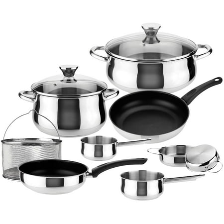 MAGEFESA Ideal 11-Piece Stainless Steel Cookware Set, Includes Stockpots, Saucepans, Skillets, and Strainer, Induction & Dishwasher Safe