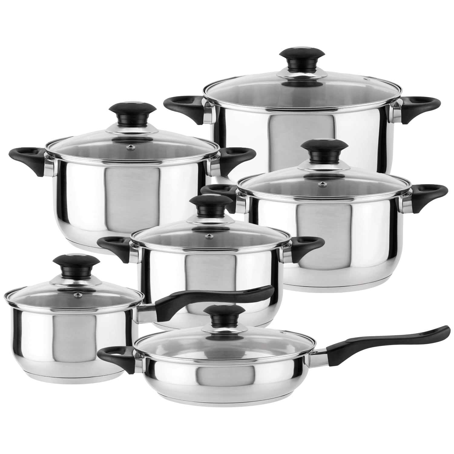 MAGEFESA Monterrey Cookware Set, 12 pieces, made of stainless steel with handles made of heat-resistant bakelite, 6 resistant glass lids with stainless steel rings and steam vents, easy cleaning