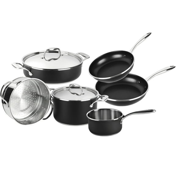 MAGEFESA PRISMA 8-Piece Stainless Steel Cookware Set, Nonstick Pots & Pans, Oven Safe to 392°F, Matte Black Durable Design