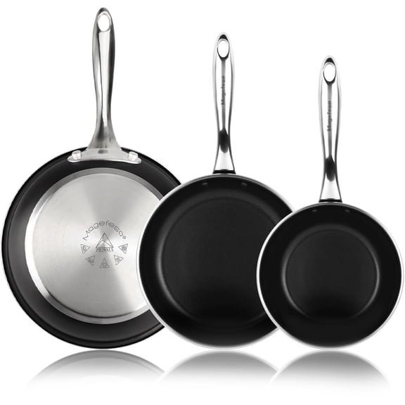 MAGEFESA Prisma Frying Pan Set, 7.8, 9.4 & 11 Inches, 18/10 Stainless Steel, Triple-Layer Nonstick, Works on All Stovetops Including Induction, Oven Safe to 392°F, Dishwasher Safe, Skillets