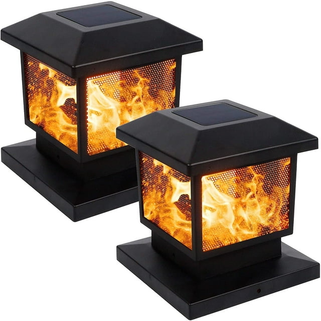 MAGGIFT 2 Pack Solar Flame Post Lights, Outdoor Brightness 72 SMD LEDs Flickering Flame Solar Powered Cap Light for Christmas, Fits 4x4, 5x5 or 6x6 Wooden Posts, for Yard Fence Deck or Patio