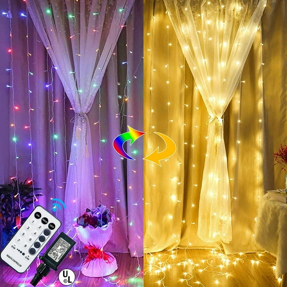 MAGGIFT 304 LED Curtain String Lights, 9.8 x 9.8 ft, Christmas Window Fairy RGB Color Changing Light 8 Modes & Remote, Backdrop for Indoor Outdoor Bedroom Wedding Decoration, Warm White & Multicolor