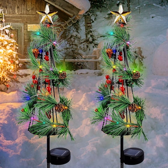 MAGGIFT Christmas Lighted Solar Stake Lights, Outdoor Solar Powered LED Xmas Tree Yard Signs with Star, Light Up Pathway Lights with Multicolor LED, Metal Tree Garden Stakes Lawn Ornament, Set of 2