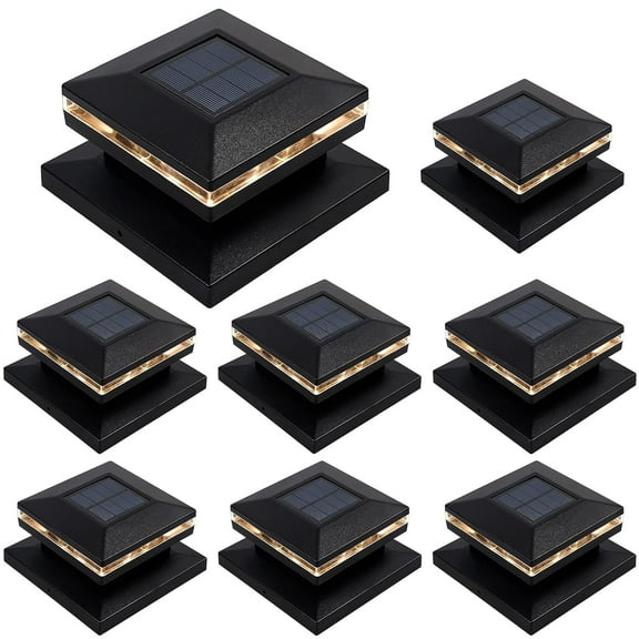 MAGGIFT Solar Post Lights - Outdoor Fence Solar Deck Cap Light - Warm White LED - Fits 4x4, 5x5, or 6x6 Wooden Posts - 8 Pack Black