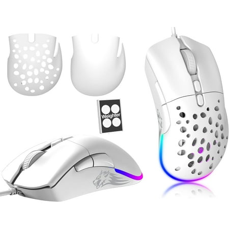 MAGIC-REFINER D19 Wired Gaming Mouse, 12,000 DPI Ergonomic Mouse with 7 Programmable Buttons, 12K Optical Sensor, 1ms, 13 RGB Backlit Modes, 6 Adjustable DPI, Adjustable Weights, for PC/MAC, White