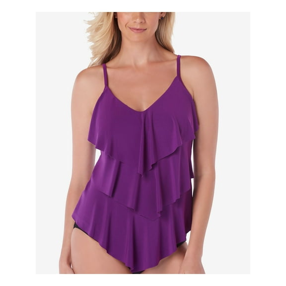 MAGIC SUIT Women's Purple Stretch Allover Slimming Tiered Ruffled Deep V Neck Adjustable Rita Tankini Swimsuit Top 8