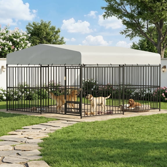 MAGIC UNION 10x10x6 FT Large Outdoor Dog Kennel with Waterproof & 2 Rotating Bowls, Heavy Duty Outside Dog Run Enclosure with UV-Resistant Roof & Secure Lock, Dog Fence Outdoor for Medium Large Dogs