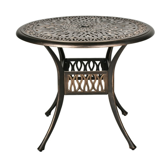 MAGIC UNION 35" Garden Table with Umbrella Hole, Outdoor Round Cast Aluminum Bistro Table - Bronze