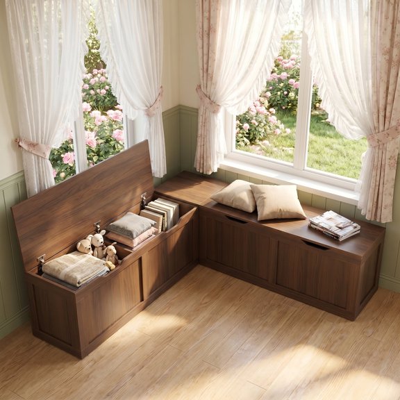 MAGIC UNION 63" L-Shaped Breakfast Nook Bench with Flip-Top Storage, Walnut Modular Backless Corner Dining Hidden Storage Bench for Dining Room Kitchen Living Room Entryway Cloakroom, Easy Assembly