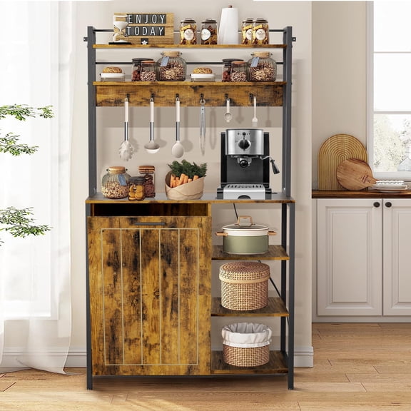 MAGIC UNION Black Bakers Racks Kitchen Microwave Stand Cabinet with 10 Gallon Trash Can Bin Cabinet and Power Outlet, 6-Tiers Farmhouse Coffee Bar Table Station with 6 Hooks and Storage Shelf