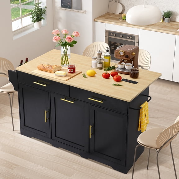MAGIC UNION Rolling Kitchen Island Cart with Drop Leaf, Portable Kitchen Islands w/Storage Cabinet, Drawers, Spice Towel Rack，Island Table for Kitchen w/Charging Station & Trash Storage Cabinet