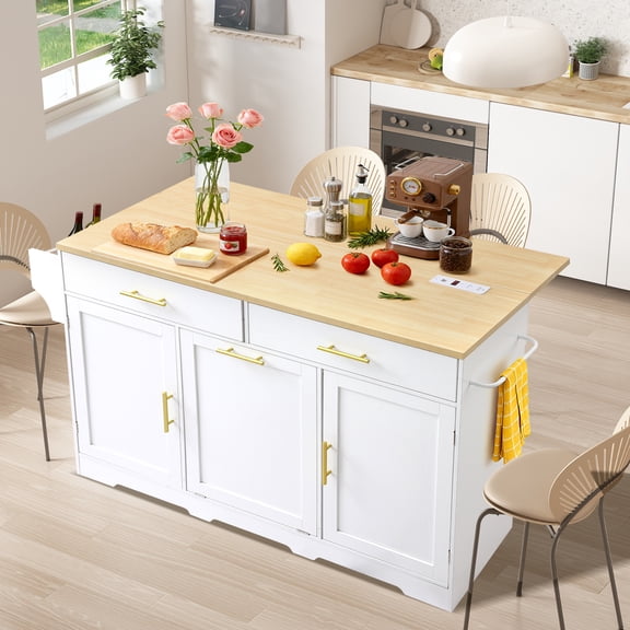 MAGIC UNION Rolling Kitchen Island Cart with Drop Leaf, Portable Kitchen Islands w/Storage Cabinet, Drawers, Spice Towel Rack,Island Table for Kitchen w/Charging Station & Trash Storage Cabinet