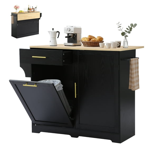 MAGIC UNION Rolling Kitchen Island Cart w/Drop Leaf, Portable Kitchen Islands w/Storage Cabinet, Drawer, Spice Towel Rack, Island Table for Kitchen w/Trash Storage Cabinet, Mobile Island Table