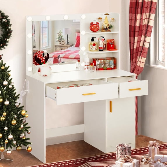 MAGIC UNION Vanity Desk with LED Lighted Mirror and Power Outlet,3 Color Adjustable Lights Makeup Vanity with Drawers and Cabinet for Bedroom,Dressing Room,Bathroom(White)