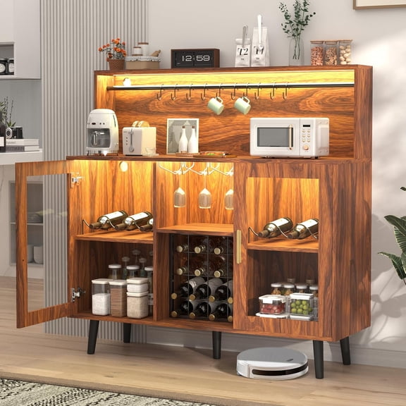 Hanyu Wine Bar Cabinet with LED Light, Coffee Bar for Liquor, Alcohol Cabinet w/Glass Rack and Removable Wine Racks, Home Bar Buffet Cabinet w/Storage for Living Room