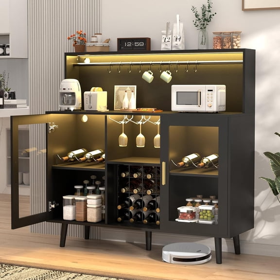 Hanyu Wine Bar Cabinet with LED Light, Coffee Bar for Liquor, Alcohol Cabinet w/Glass Rack and Removable Wine Racks, Home Bar Buffet Cabinet w/Storage for Living Room