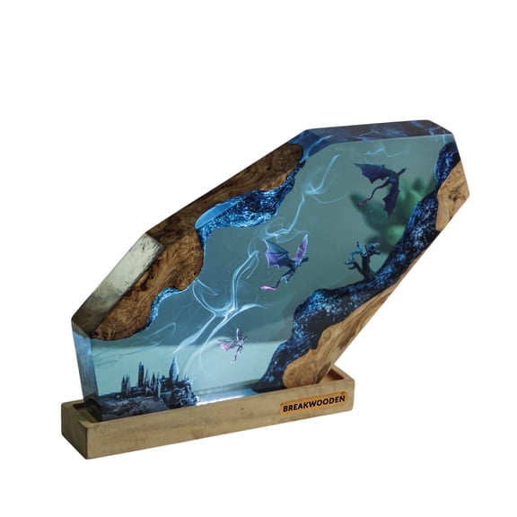 MAGIC WORLD Resin Lamp  Handmade Epoxy Wood Night Light with USB, Gothic Castle LED Desk Lamp for Bedroom Home Decor