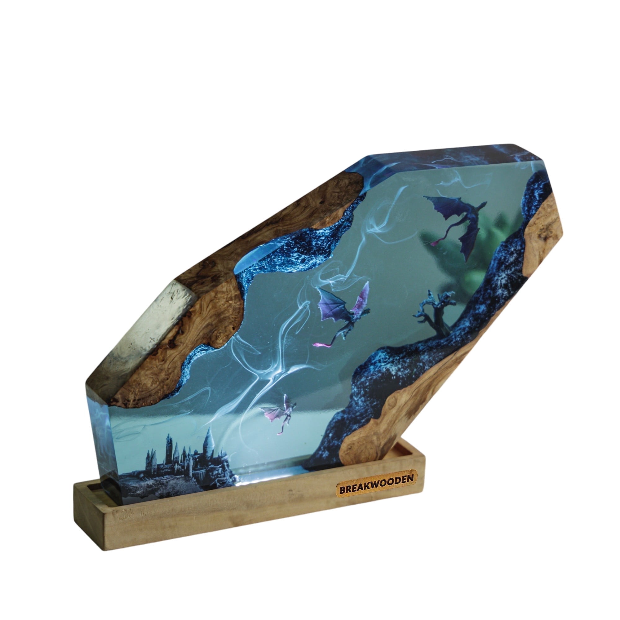 MAGIC WORLD Resin Lamp – Handmade Epoxy Wood Night Light with USB, Gothic Castle LED Desk Lamp for Bedroom Home Decor