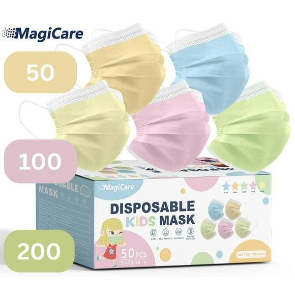 MAGICARE Colorful Kids Masks Disposable - 3 Ply, Youth Ages 4-12 - Soft, Comfortable, Breathable Face Mask for Kids - 1 Box (50pcs)