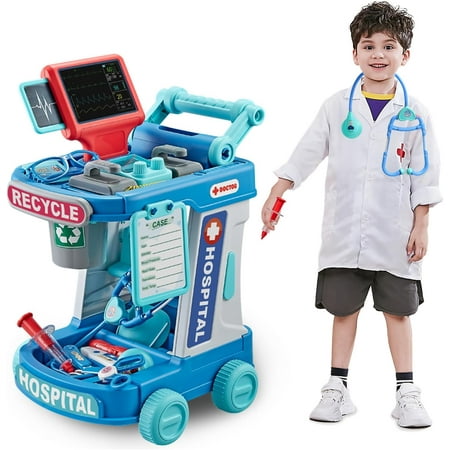 Play Doctor Kit for Toddlers 3-5, Kids Pretend Medical Station Set with Mobile Cart, Height Measuring Rod, Thermometer, Stethoscope, Educational Preschool Toys for Girls Boys Gift