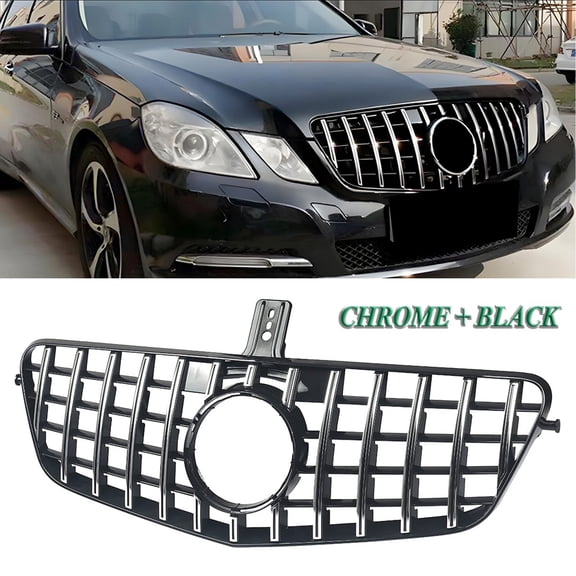 MAGICKIT Chrome+Black Grill For 2009-2013 Mercedes Benz W212 E-Class Front Grille GT R Style