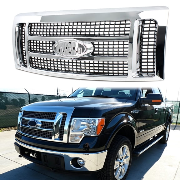 MAGICKIT Chrome Front Grille Grill Black Mesh Fit Ford F-150 F150 Lariat 2009-2014