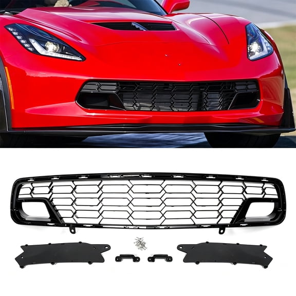 MAGICKIT Fits Corvette C7 Z06 Z51 W/O Camera 2014-2019 Gloss Black Front Bumper Grille