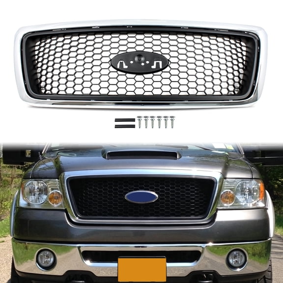 MAGICKIT Fits Ford F150 Lariat 2004-2008 Honeycomb Chrome Front Bumper Grill Grille Black Mesh