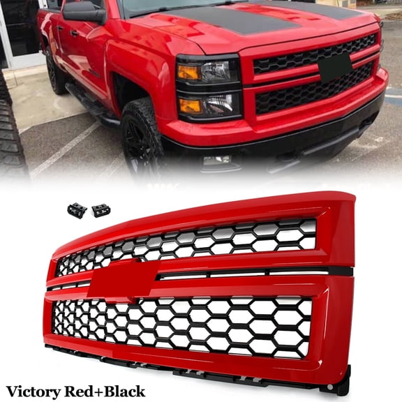 MAGICKIT For 2014-2015 Chevy Silverado 1500 LTZ Style Grille Black Mesh Grill Victory Red Surround