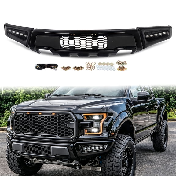 MAGICKIT Front Bumper For 2015-2017 Ford F150 F-150 Raptor Style W/LED Lights Black Steel