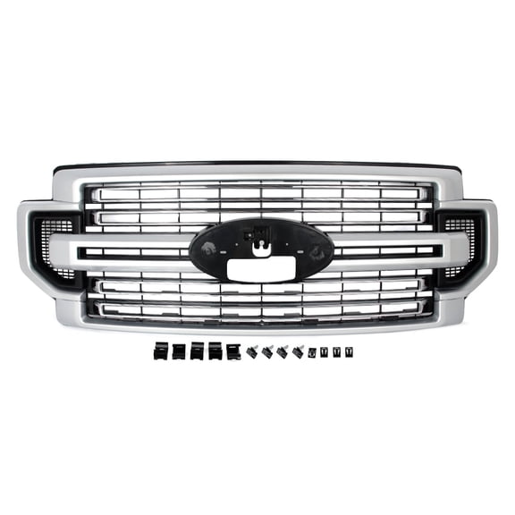 MAGICKIT Ingot Silver W/ Chrome Trim Front Bumper Grille Assembly Compatible With Ford F-250 F-350 F-450 Super Duty 2020-2022 LC3Z-8200-FA