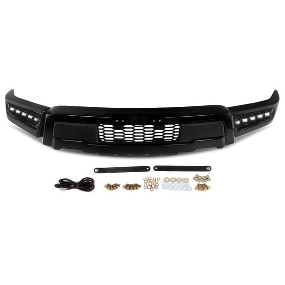 MAGICKIT Raptor Style Black Front Bumper Face Bar W/ LED Light For Ford F150 F-150 2021-2023