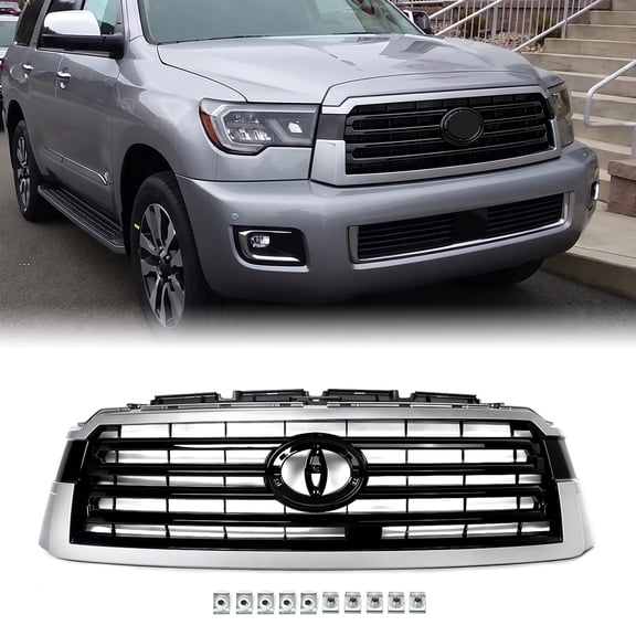 MAGICKIT Silver Sky+Black For 2018-2022 Toyota Sequoia Platinum TRD Sport Front Bumper Grille