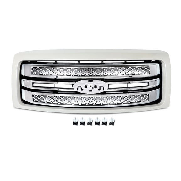 MAGICKIT White Platinum Front Bumper Grille Chrome Trim For 2009-2014 Ford F-150 F150 King Ranch/Limited/XL
