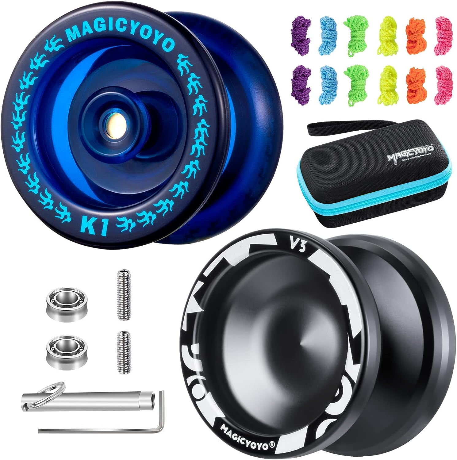 MAGICYOYO Gift Pack of 2 Responsive Yoyos V3 Black + K1 Blue, Included Metal Yoyo and Plastic