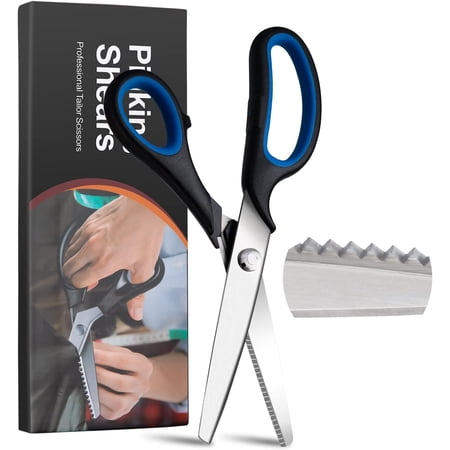 MAGICYOYO Pinking Shears for Fabric Black Blue, Stainless Steel Circular Serrated Scissor 9.25 in