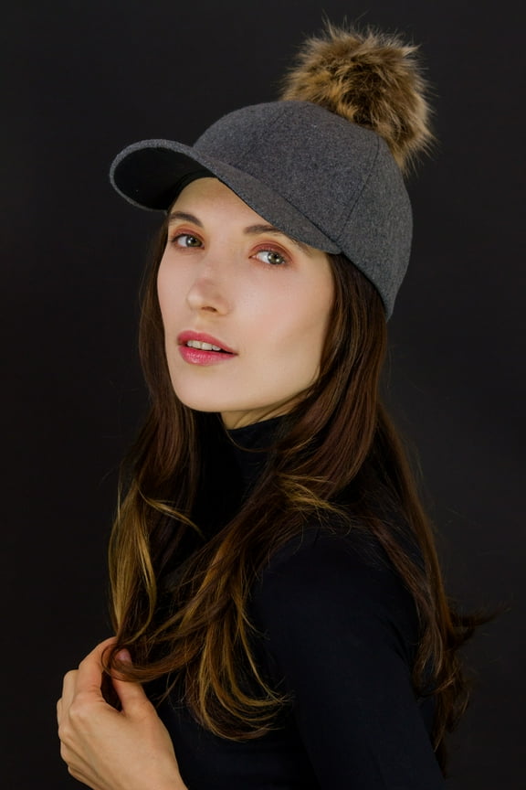 SOLID GREY BASEBALL CAP HAT WITH FAUX FUR POM POM