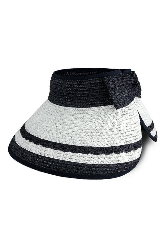 WOMEN'S PAPER STRAW ROLL UP SUN VISOR WITH VELCRO BOW