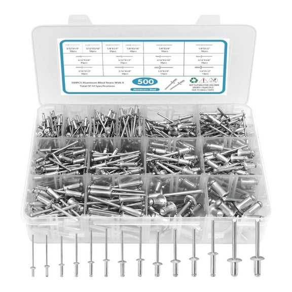 MAGIDEAL 500Pcs Rivets Aluminum Steel Open End Rivets with Divider Labeled Case