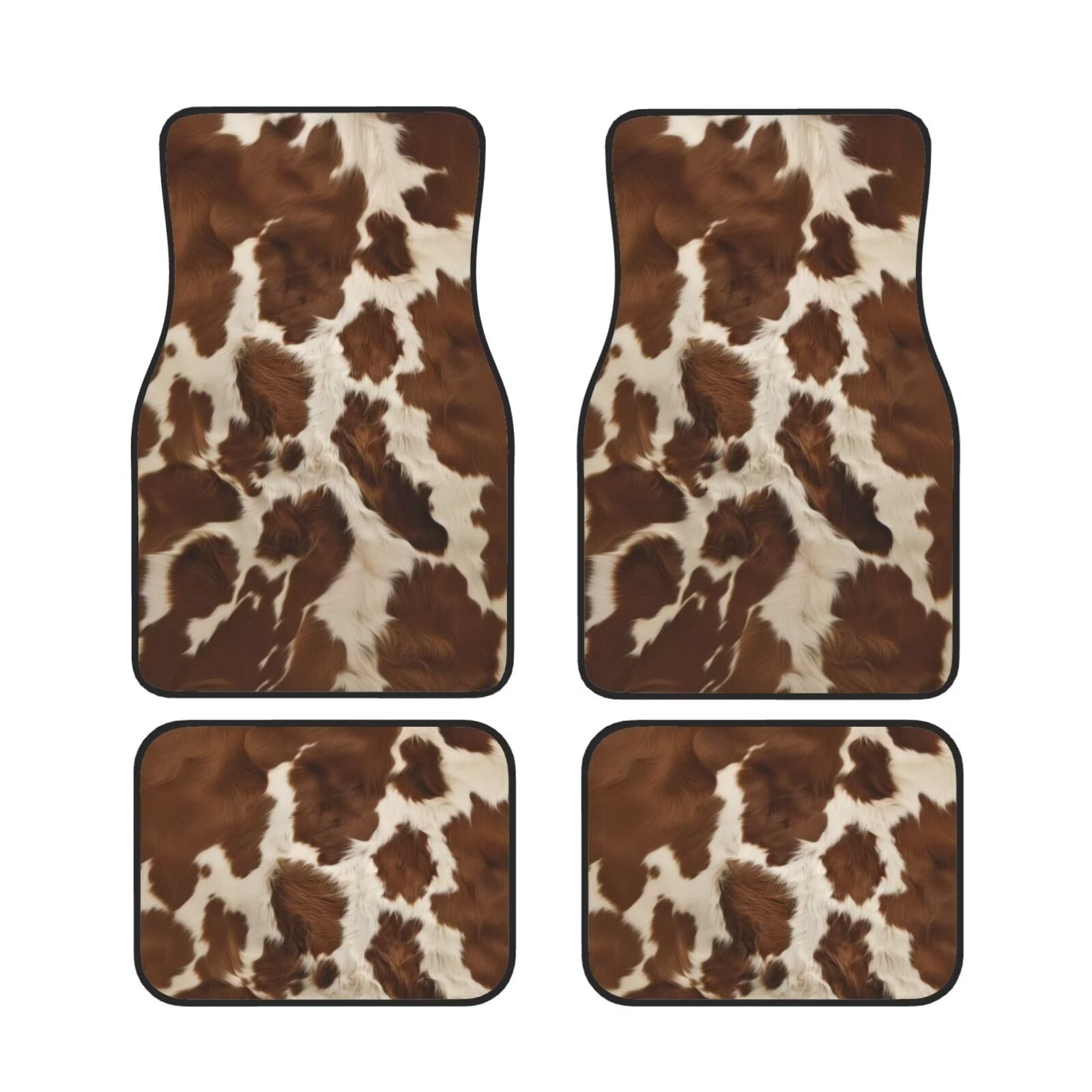 Cow Print Car Floor Mats Set Of 4 - Brown Fur Texture, Non-Slip, Universal Fit For SUV/Truck
