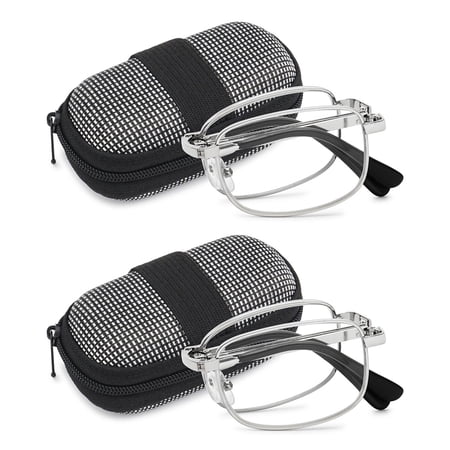 MAGIMODAC Compact Metal Reading Glasses Men Women Folding Mini Reader Small Case (2 Pcs Foldable Readers, +2.25)