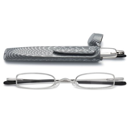 MAGIMODAC Compact Reading Glasses Men Women Portable Mini Metal Mini Eyeglasses Eyewear Pocket Readers With Case (Silver, +2.5)