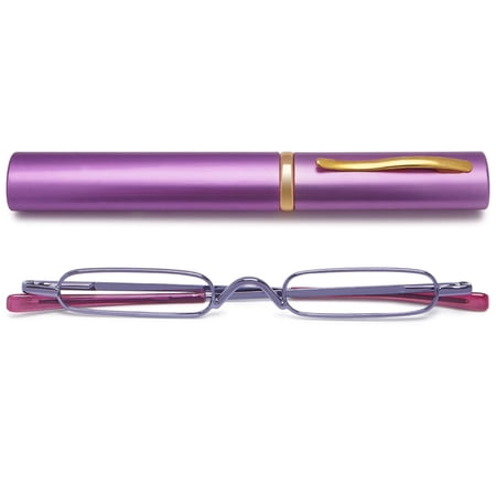 MAGIMODAC Pocket Reading Glasses Compact Men Women Metal Eyeglasses Eyewear With Case (Purple, +3.0)