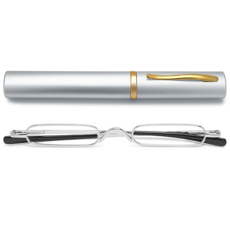 MAGIMODAC Pocket Reading Glasses Compact Men Women Metal Eyeglasses Eyewear With Case (Silver, +2.25)