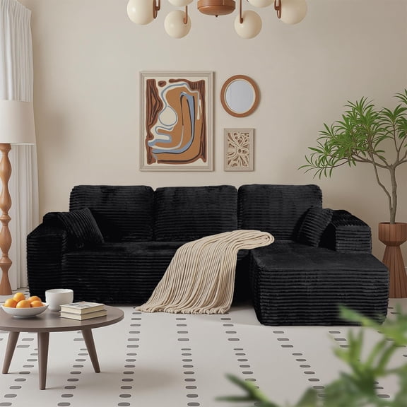 MAGIWITY 105-inch Boneless Cloud Sofa, L-Shaped Modular Sectional, Deep Seat, Skin-Friendly Corduroy, No Assembly, Right Facing Chaise, Black