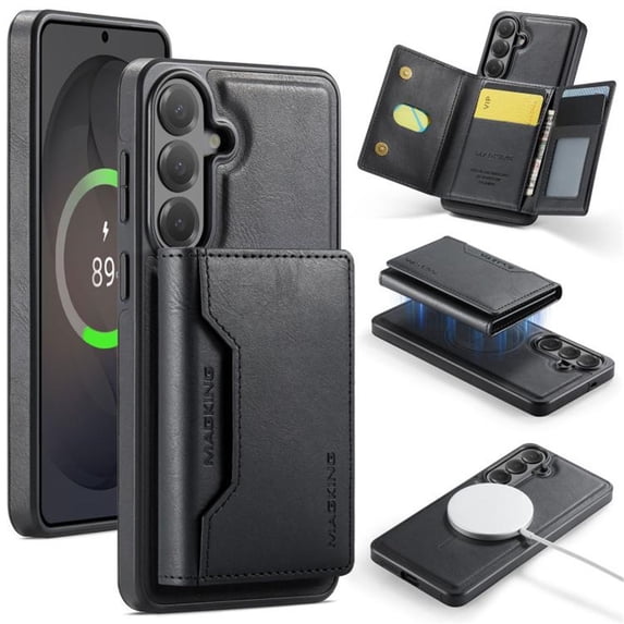 MAGKING Case For Samsung Galaxy A56 5G, RFID Blocking, PU Leather,Compatible With MagSafe Detachable 2 In 1 Wallet With Multi-Card Slots,Magnetic Protective Cover,Black,For Galaxy A56 (5G)