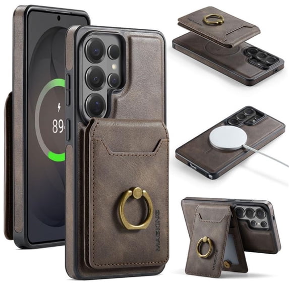 MAGKING Case For Samsung Galaxy S26 Ultra 5G, RFID Blocking, PU Leather,Compatible With MagSafe Detachable 2 In 1 Wallet With Card Slots,Metal Ring Kickstand Magnetic Protective Cover,Coffee